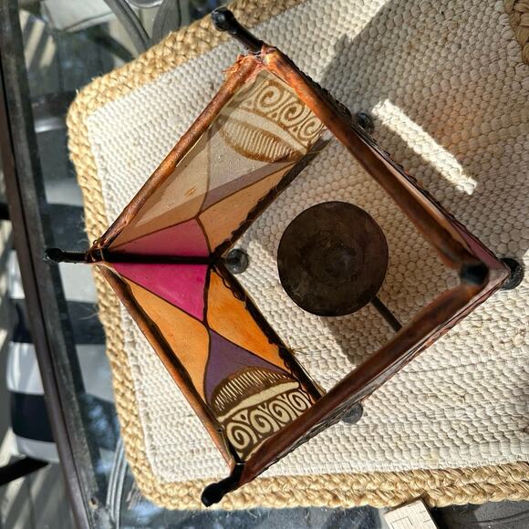 Candle holder Vintage Stretched Skin Square Painted ethnic tribal metal pink 7” - Picture 7 of 14